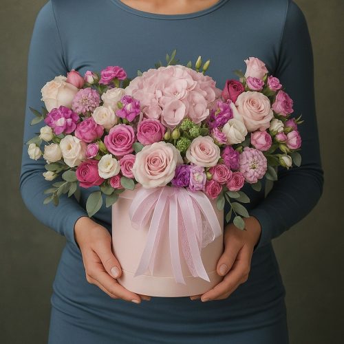 Цветы в коробке «Розово-сиреневая гармония»